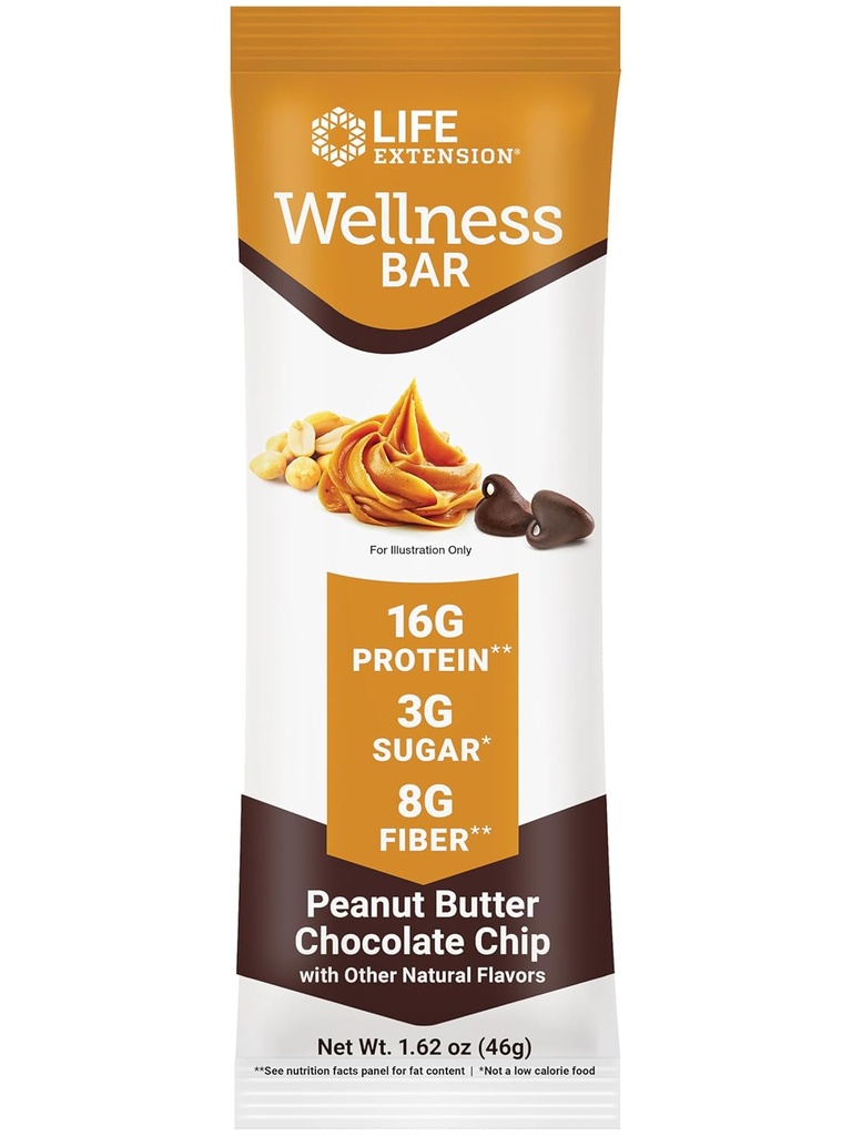 生命延长健康条(Peanut Butter巧克力芯片) – 蛋白质16克,纤维8克,糖3克 – Cacao巧克力芯片,Whei蛋白孤立剂混合剂 – Snack Bars, Gluten-Free – 个人