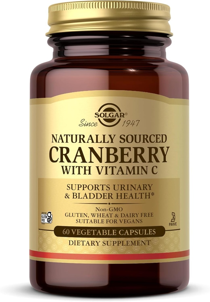 Solgar Cranberry配维生素C - 60 蔬菜卡普尔 - 支持 Urinary & Bladder 健康 - 非GMO, Vegan, Kosher, Gluten Free - 60 服务