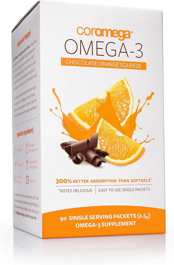 Coromega Omega 3 鱼油补充剂,650毫克Omega-3,配有3X 更好的吸附剂Than Softgels,巧克力橙色Flavor,90 单服务挤压包