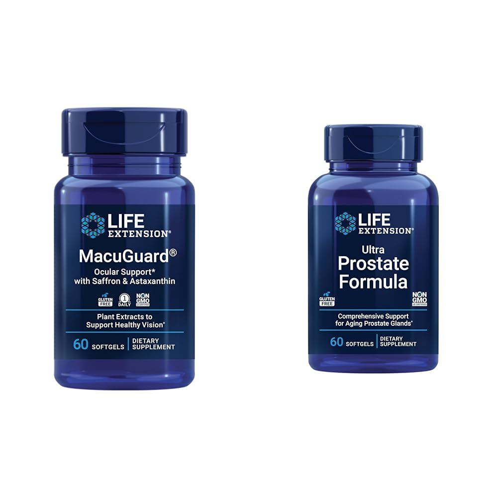 生命延伸 Macuguguard Ocular 支持 Saffron & Astaxanthin 60 Counter 和 Ultra 前列腺公式 Saw Palmetto 60 软胶