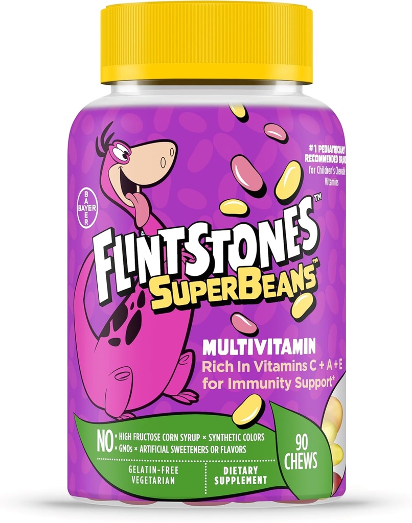 Flintstones 维生素超级豆,Kids 多维生素 具有维生素A,D,Iodine&Zinc的豁免支持 支持健康生长,Fruit Flavored,Vegetarian,Jelly Bean Chews,90 计数(包装可能不同)