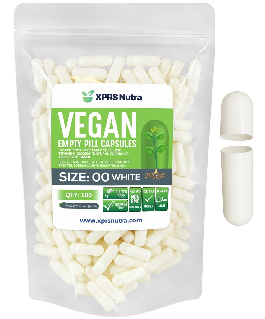 XPRS Nutra Size 00 空盖- 100 空盖- 100 伯爵 Vegan Capsules - 植物空盖- DIY 植物空盖充填- Veggie Pill Caps (白色)