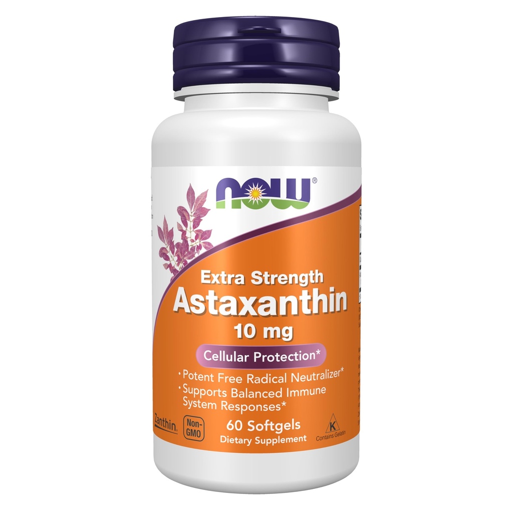 Now Foods Supplies, Astaxanthin 10mg, 额外力量,来自非GMO 海马托科克斯 Pluvialis Microalgae, 自然出现Lutein, Canthaxanthin和Beta-Carotene, 60 软胶