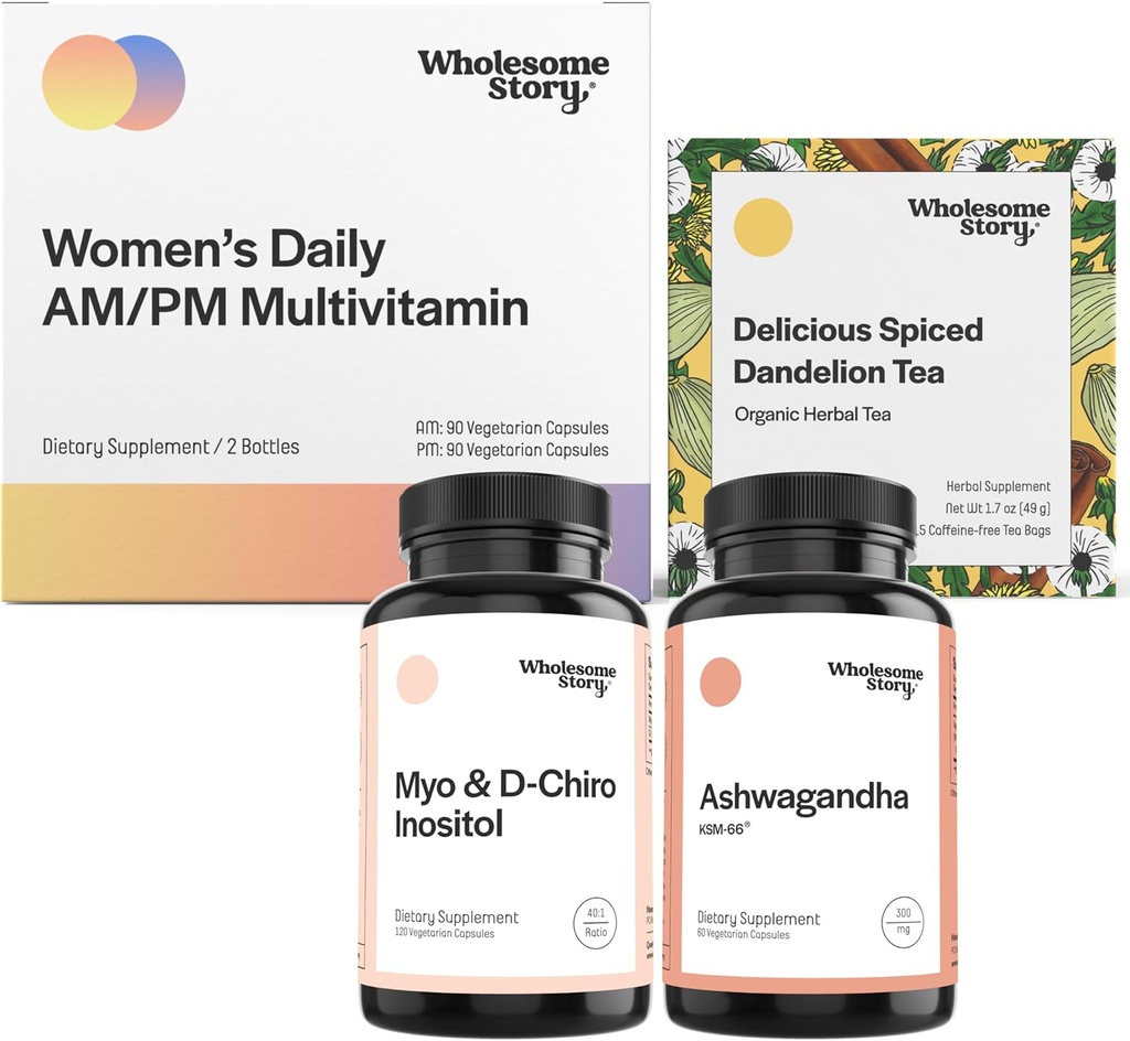 KSM 66 Ashwagandha 补充品 + Premium Biobopulity Daily 配有铁和福拉特的女性多维特敏 → 有机烤丹德里昂根茶