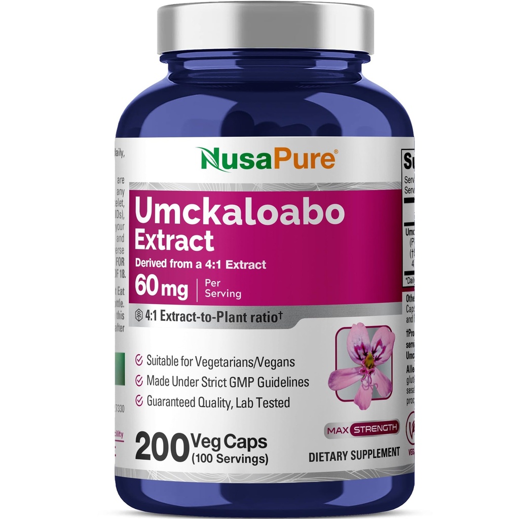 NusaPure Umckaloabo 4:1 提取物,60毫克等于240毫克的Veggie Caps 200 Count(非GMO, Vegan)