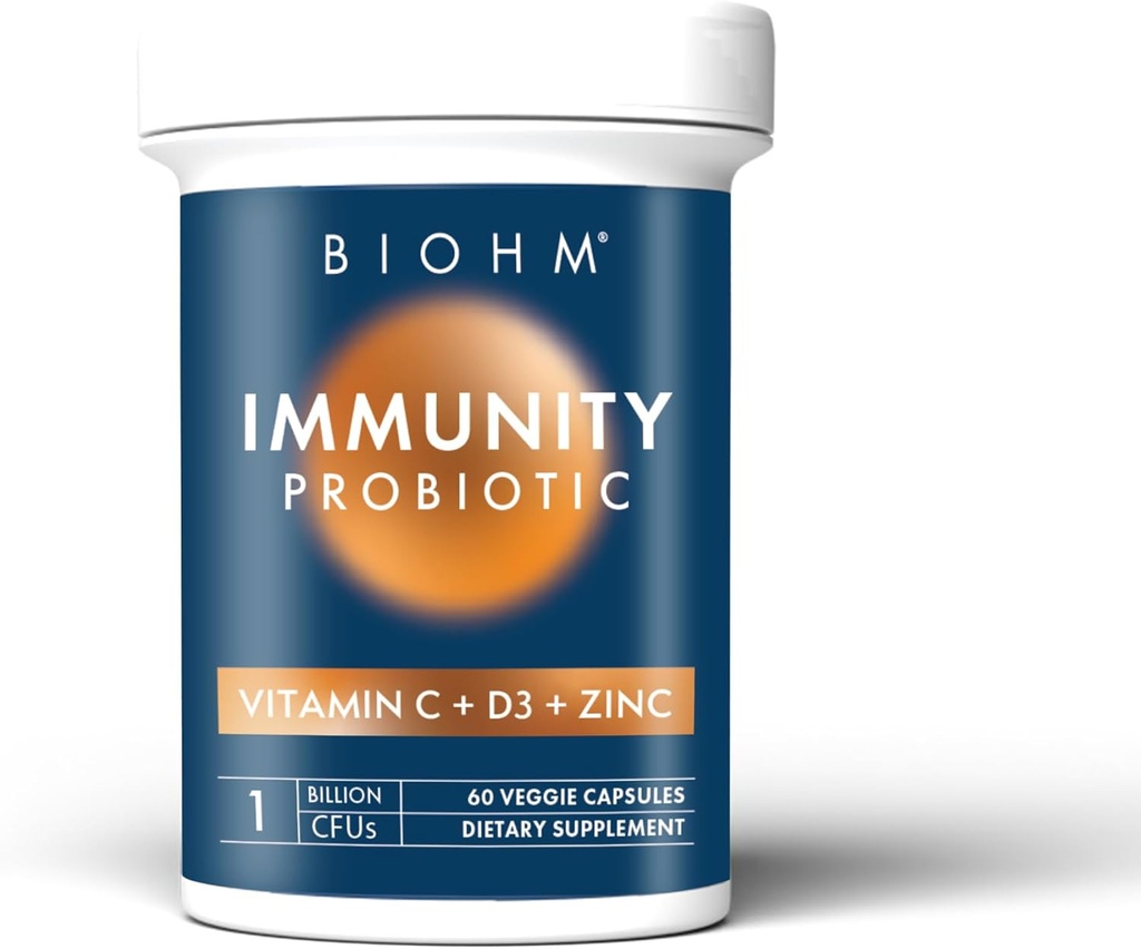 BIOHM 维生素C、D3 & Zinc、1亿 CMFU(60卡普勒斯) 妇女和男子每日抗生素、消化卫生和免疫支持、Vegan、Gluten-Free和非GMO