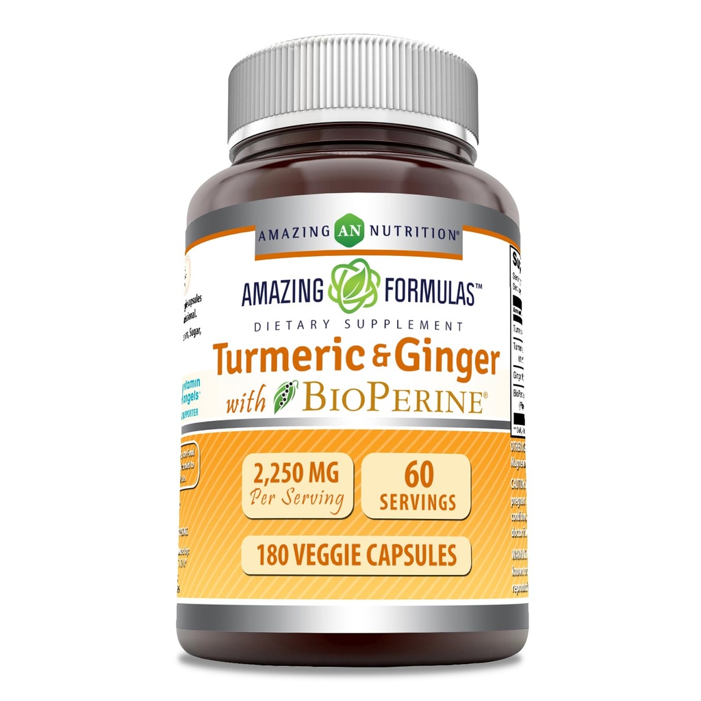 配有BioPerine 2250 mg的Turmeric Crucumin & Ginger 配有 – 配有 Veggie Capsules → Non-GMO → Gluten Free → 配有美国蔬菜理想(180个计数)