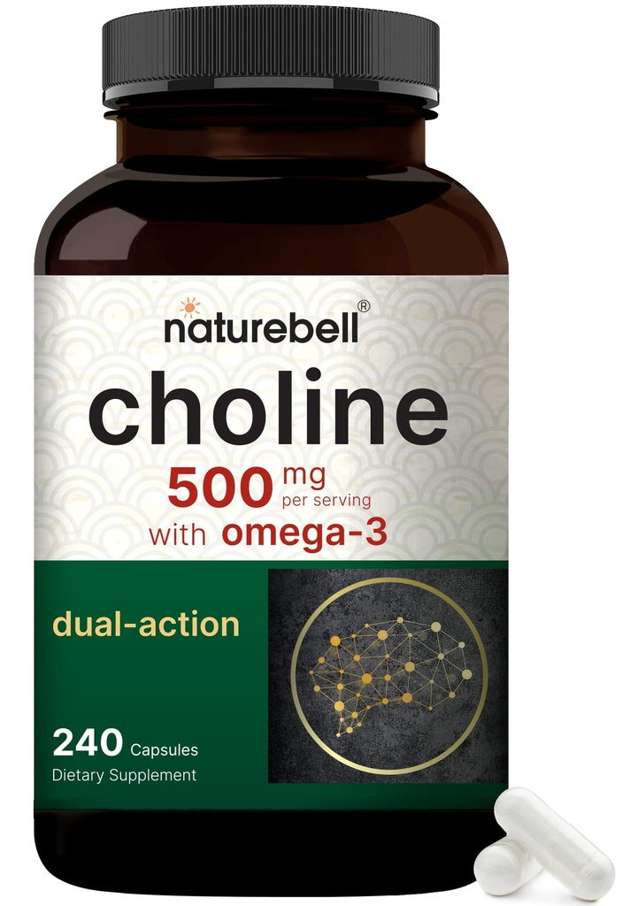 NatureBell Choline 补充500mg与Omega-3脂肪酸,240 Capsules → 高概率 Choline Bartrate – 孕期产前支持 – 促进能量,肝脏,大脑,和认知健康