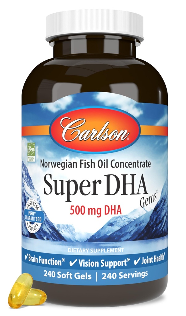 Carlson Super DHA Gems - 500 mg DHA 补充剂,640 mg脂肪酸,挪威鱼油集中剂,野生捕捉剂,可持续来源的鱼油盖,240软胶
