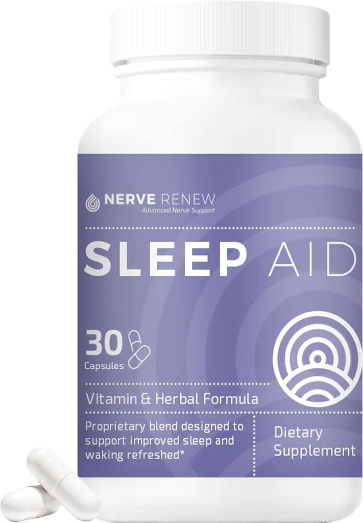 NERVE RENEW 睡眠援助 - 改善睡眠的饮食补充 - 30 Capsules - 工作快速 - Gentle All-Natural Herbal and Vitamin Form with Melatonin, Magnesium, Zinc, 氨基酸, Herb 提取剂