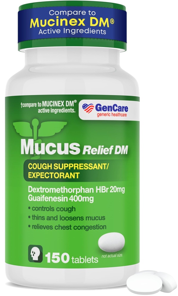 GenCare - Mucus Relief DM(150个计数值瓶) Dexteromethorphan HBr 20mg Guaifenesin 400mg 通用 Mucus Relief DM & 立即释放未加装的 cough & Mucus 期望药