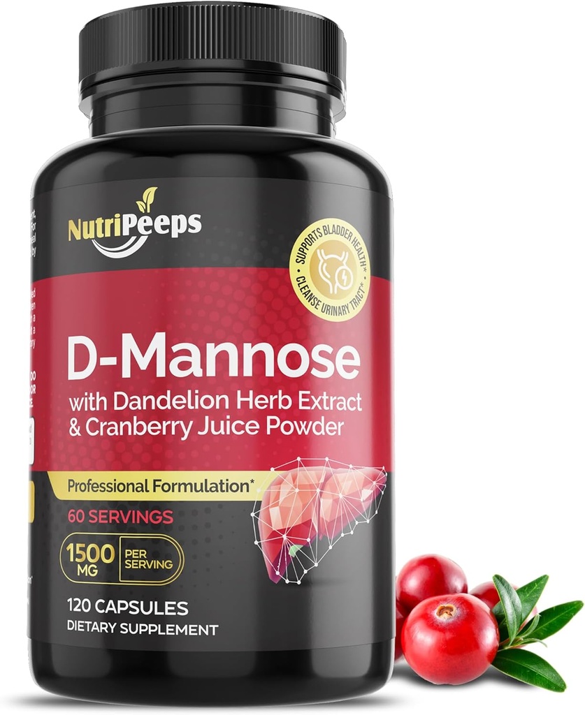 D-Mannose 1500mg,120 Capsules 配有丹德利翁草药和Cranberry 提取剂,天然尿液Tract Cleanse 用于UTI支持,Flashing and Dexture of impurities,面向男女.