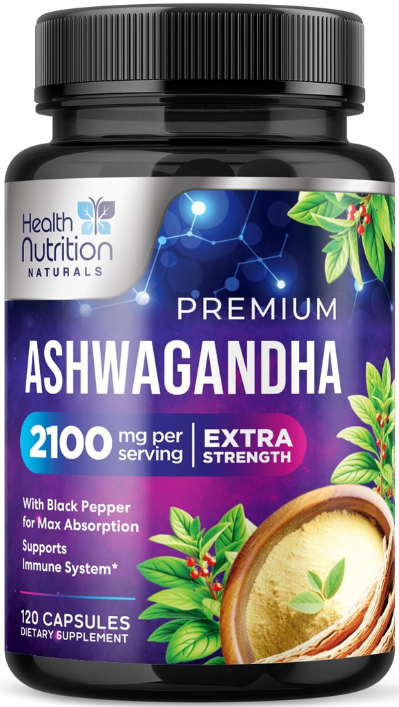 Ashwagandha 补编 - 2100mg Ashwagandha Capsule for Men & Men, 天然抗氧化剂支持, Ashwa 根提取, 外力冷静支持与黑辣椒, Vegan & Gluten Free - 120 Capsules