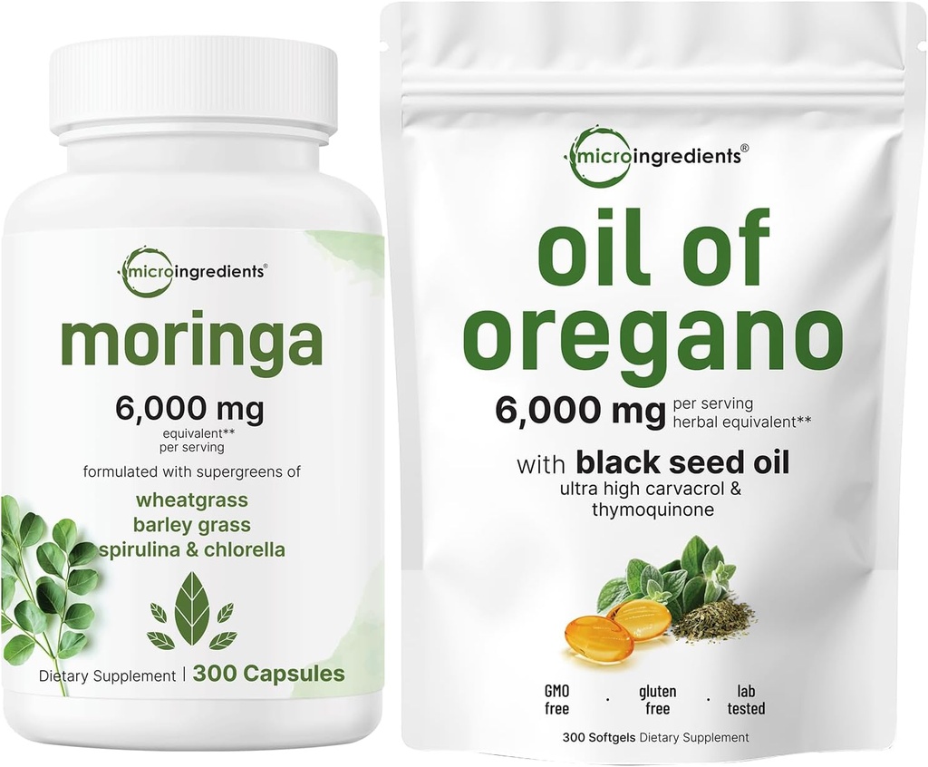 Oregano Softgels 300 Count & Moringa Oleifera 6 000 mg 等效300 Capsules Bundle 2 Pack | Carvacrol & Thymoquinone |抗氧化剂补充剂