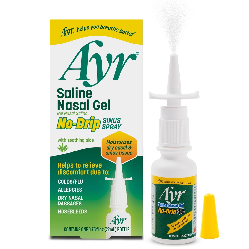 Ayr Saline Nasal Gel No-drip Sinus Spray with Soothing Aloe Vera, 0.75 Fl Oz喷雾瓶, (第1页)