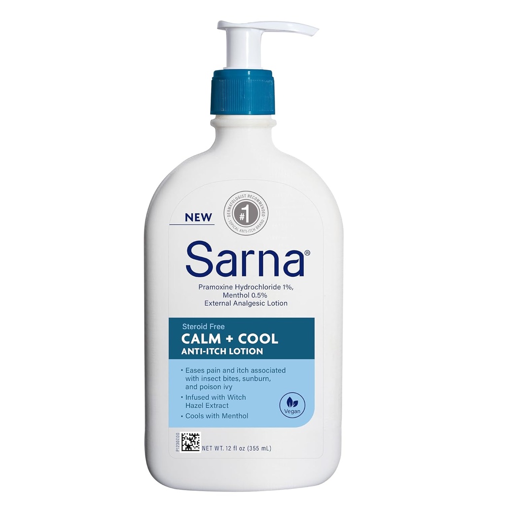 Sarna Calm + 凉爽的防痒 Lotion, Soothe 和 Relieve 疼痛和痒 来自昆虫Bites, Sunburn, & 毒Ivy,含有1%的Pramoxine 氢氯化物,0.5% Menthol, Vegan, 无固醇, 12 oz