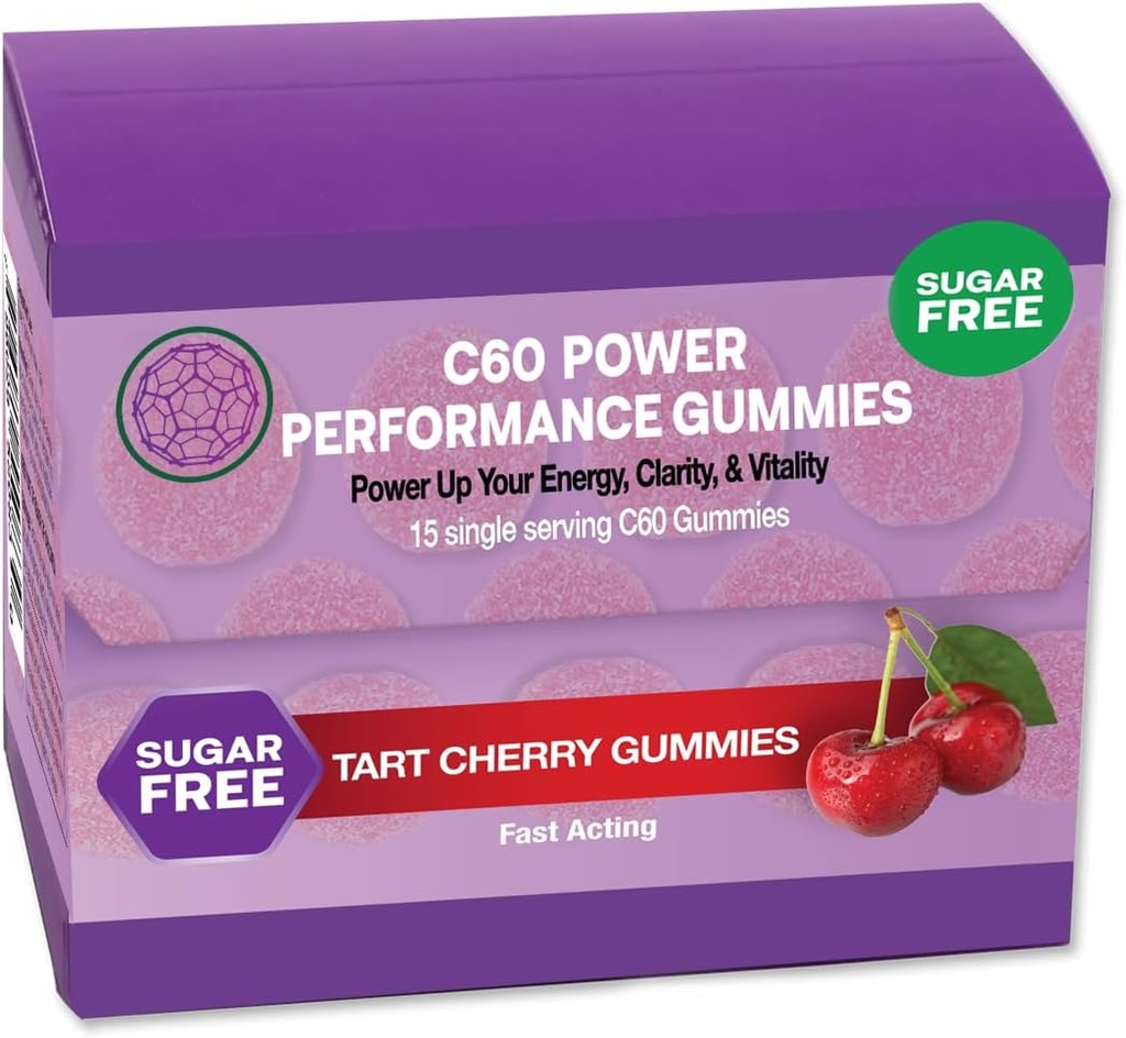 C60 Power Gummys, 1 Box of 15 services Sweet-free Tart Cherry - 99.99%纯度,亚化C60 Carbon Fullerenes and Organical Coconut Oil, Made in The United States, 支持能量和精神清晰度