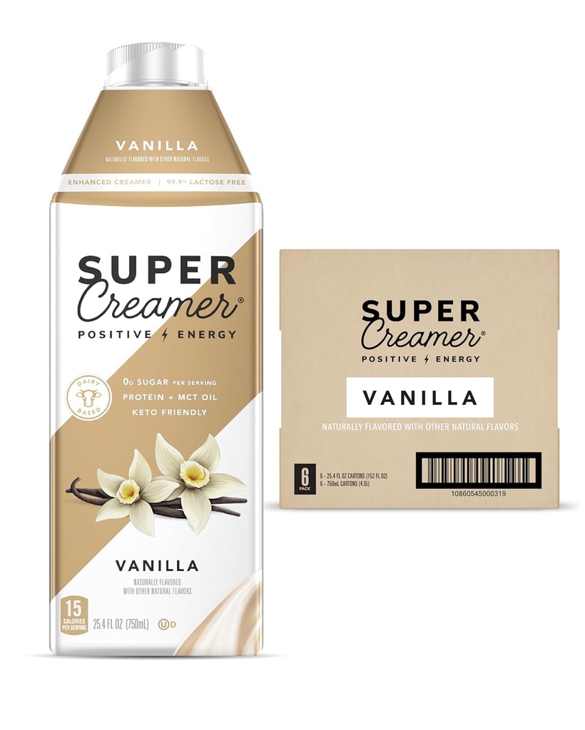 SUPER CoFFE Creamer 糖无糖 25.4 Fl Oz,包装 6 Keto Coffee Creamer → 0g 糖,1g 蛋白质,15卡罗里 → 香草