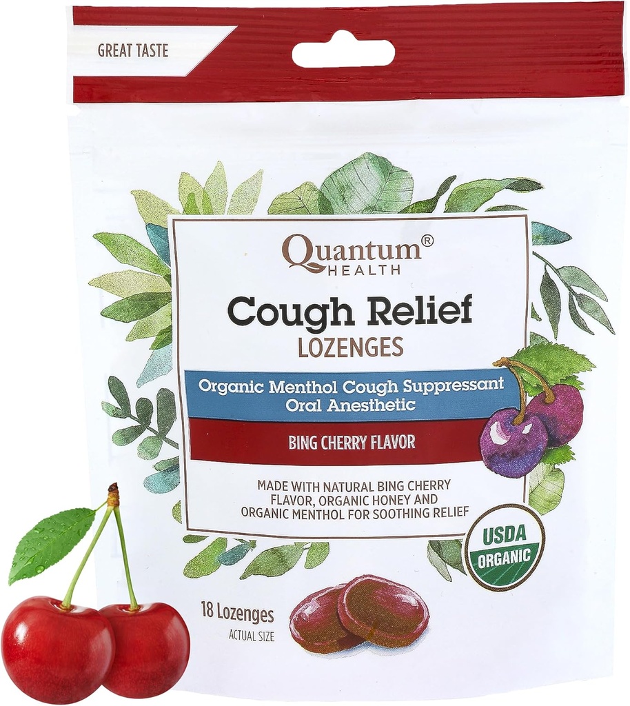 量子健康 USDA 有机咳嗽 Drops Menthol & Honey Throat Lozenges - Soothing Bing Cherry Flamored Supplant - 干嘴 & Sore Throat Relief for 成人和孩子 - 18 Counter