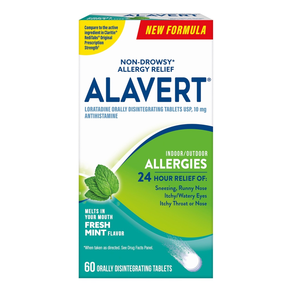Alavert Allergy 24小时救济、新鲜薄荷Flavor、 Orally 分解过敏药片、非醉酒类安非他明、Loratadine 10mg、60个计数