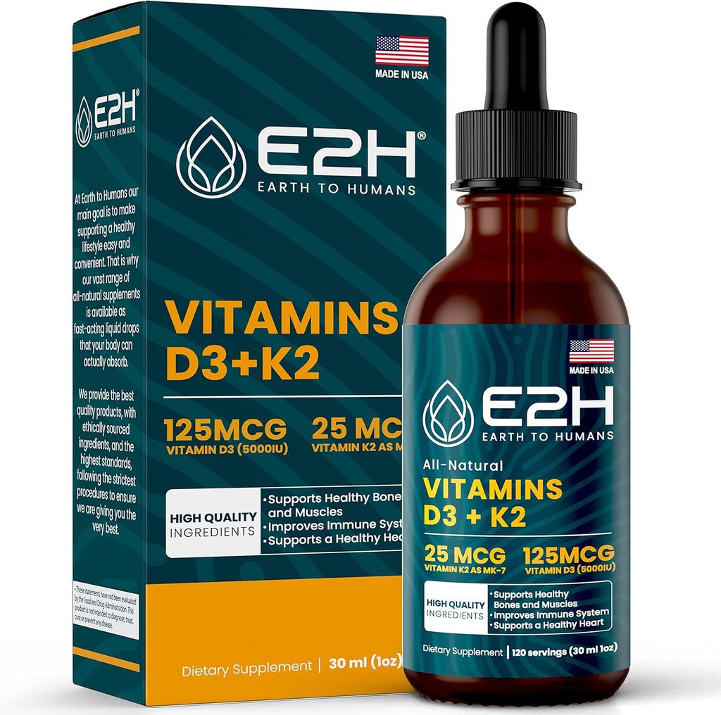 E2H 维生素 D3 & K2 免疫支持补充剂 - 液体维生素 D35,000 IU - 在美国制造 - 非GMO, Vegan - 120 服务