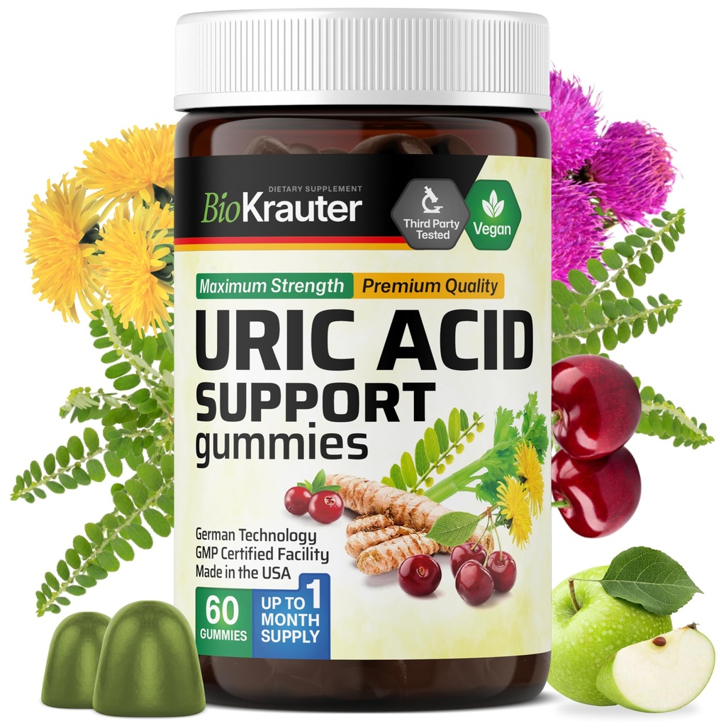 BIO KRAUTER 铀酸支持Gummys - 60 Vegan Chews - 铀酸支持w/Tart Cherry & Chanca Piedra 4:1 提取物 - 天然肾脏补充w/Millk 硝酸和涡轮