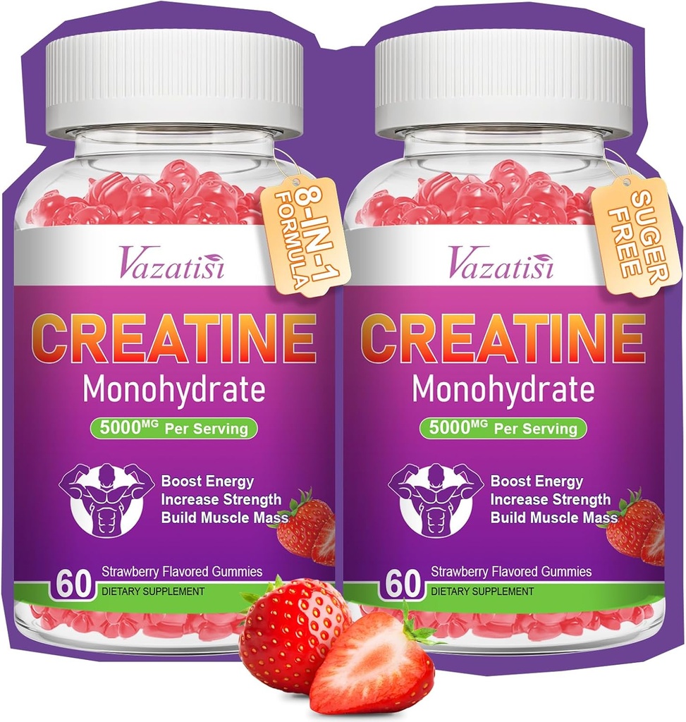 2 Pack Creatine Monohydrate Gummys for Women & Men, Sugar Free Vegan Creatine Suppos for Build Muscles, 增加能量和力量, 天然草莓 Flavor, 120 伯爵