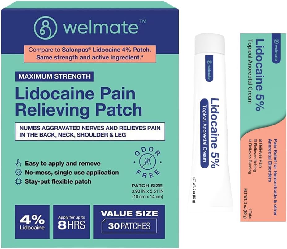 WELMATE 终极止痛药 Duo:4% Lidocaine Numbing Patch(30 Ct)和5% Lidocaine Cream(2 Oz) 最大强度 主题止痛药