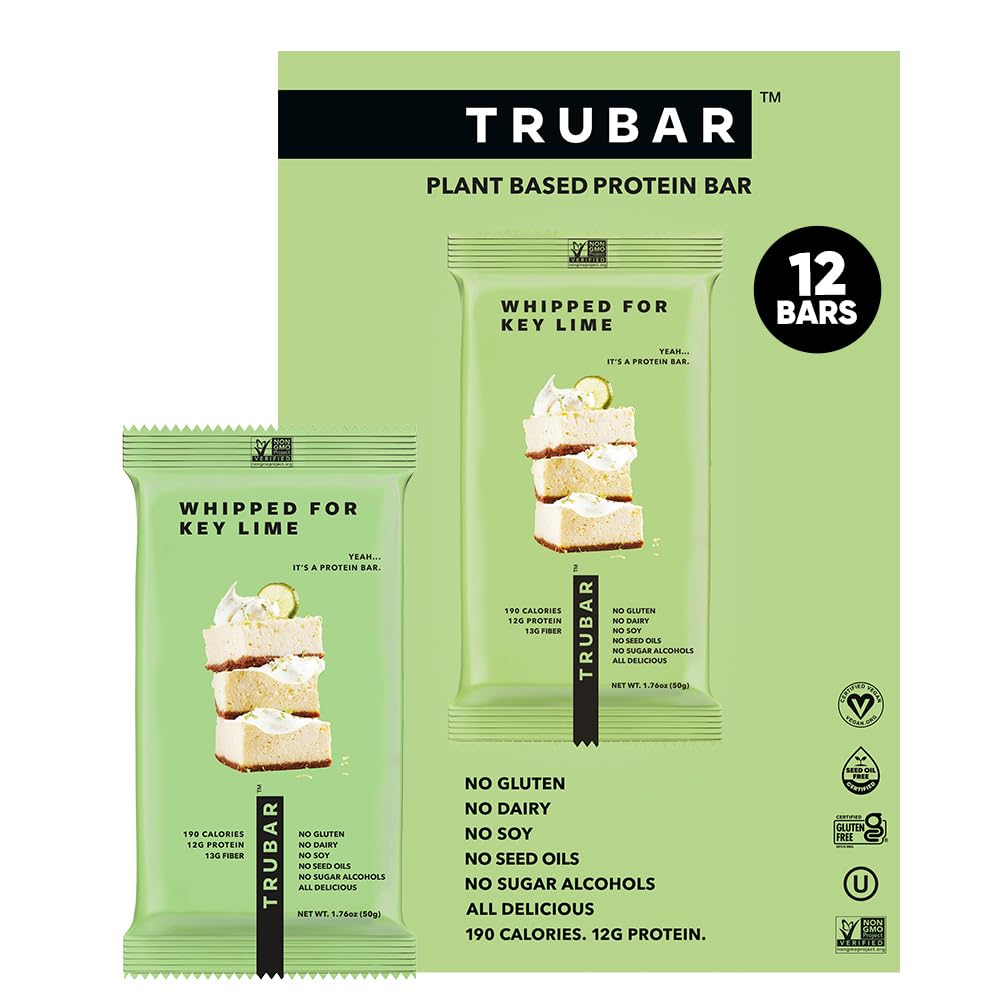 TRUBAR VAGEN蛋白棒,为Key Lime、Gluten Free、植物基、高纤维、乳制品自由、低脂肪、非转基因、无糖酒精、12G Lean蛋白、13G纤维、健康烟巴、12CT