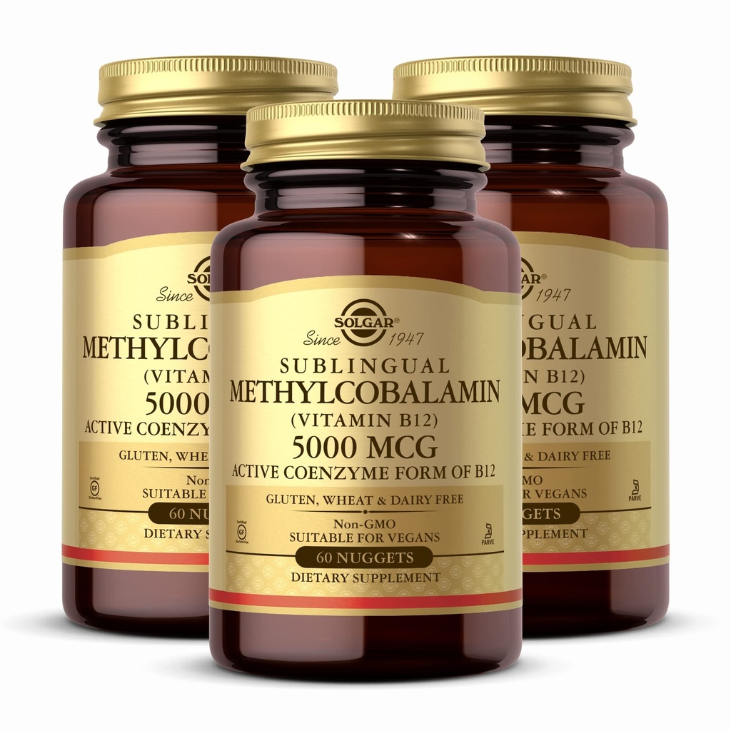 Solgar Methylcobalamin(维生素B12) 5000 mcg, 60 Nuggets (Pack of 3) - Cherry Flavor - 支持能量代谢 - 身体准备,主动形式 - 非GMO, Vegan, Gluten Free - 180 总服务