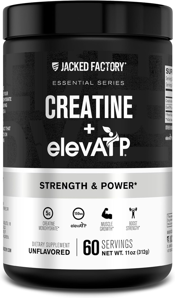 Jacked Factory Creatine + ElevATP - 肌肉增殖、增强力量、增强能源输出的Creatine Monohydrate 粉末,其中ElevATP用于可持续能源和耐力 - 60种服务,无味