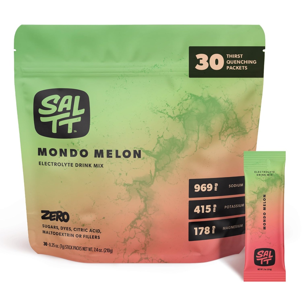 SALTT 电解石 粉末火焰饮料 混合 - 蒙多 Melon - 30 水解包 - 镁,钾,钠,痕量矿物 - 零糖和葡萄糖 自由 - 旅行基本品