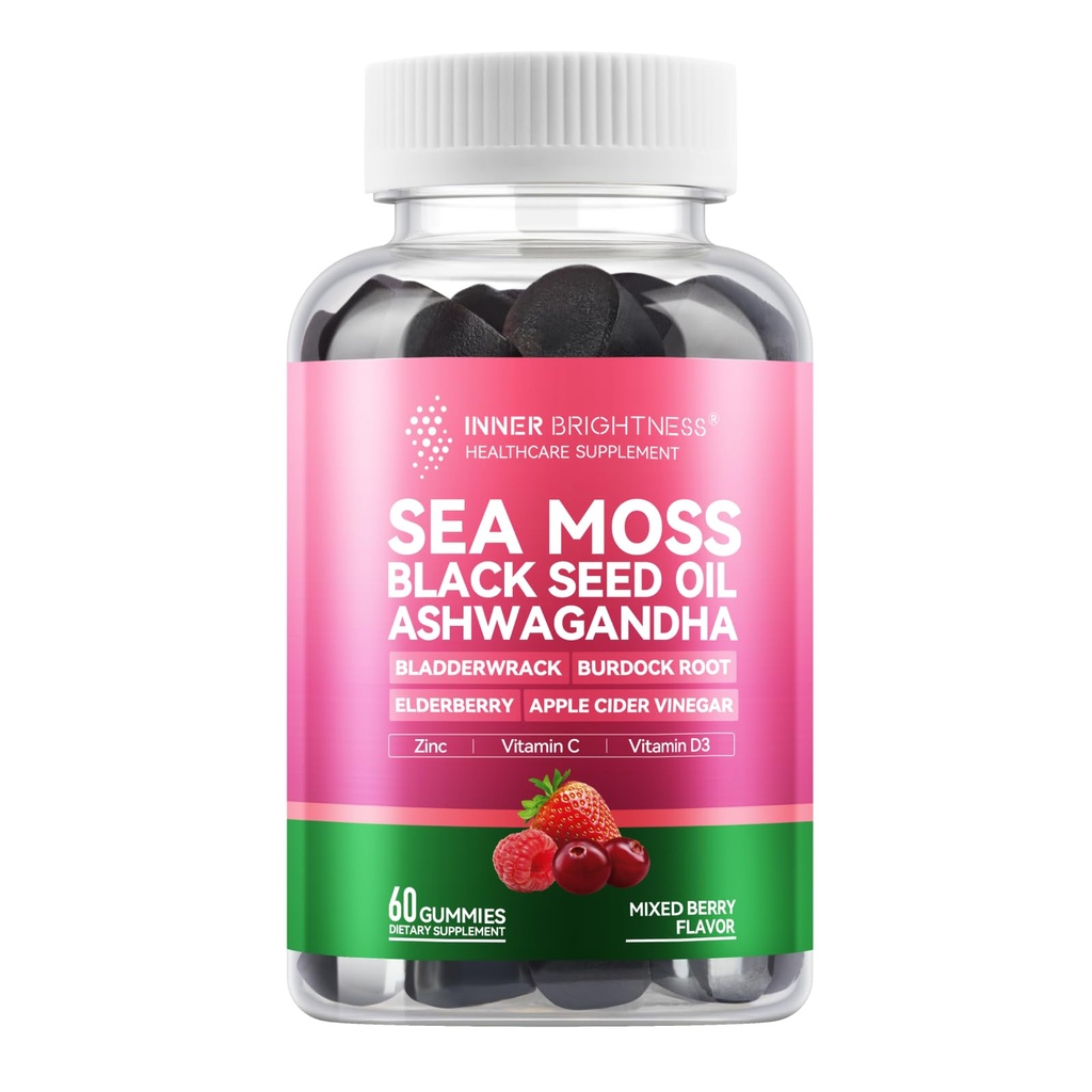 Sea Moss 4000mg Gummys with Ashwagandha, 长老莓, Apple 苹果苹果苹果苹果醋, Bladderwrack, Burdock Root – Immune支持 – Mixed Berry Flavor – 60 Count