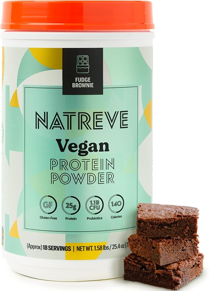 Natreve Vegan 蛋白质粉 - 25g 植物蛋白质粉 配有抗生素和氨基酸 - Gluten Free Fudge Brownie, 18 services