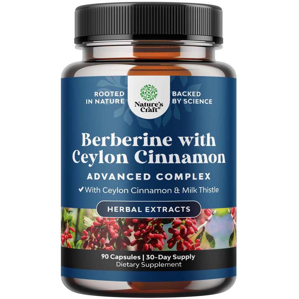 Berberine Plus 1200mg Per service Complex - 与锡兰锡桂皮卡普勒斯加西利玛林牛奶硝酸盐提取剂的抗氧化剂Berberine - 主动PK 用于心脏健康支持 90 Capsules
