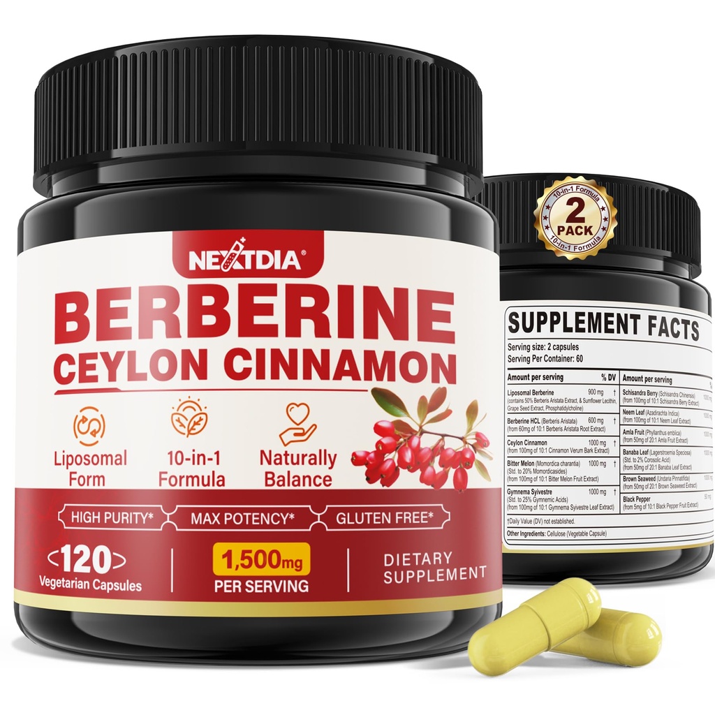 2 Pack 1,500mg Liposomal Berberine HCL 与锡兰锡桂比特梅隆,有机柏柏林复合物 与香蕉叶,支持Immune和文摘 - Vegan 240 Capsules