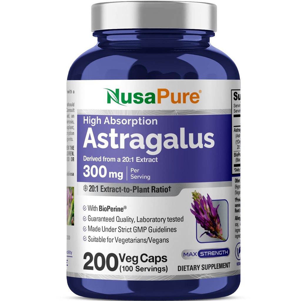NusaPure Astragalus 20:1 提取物,300毫克等效于6 000毫克/人,200枚Veggie Capsules, Non-GMO & Bioperine
