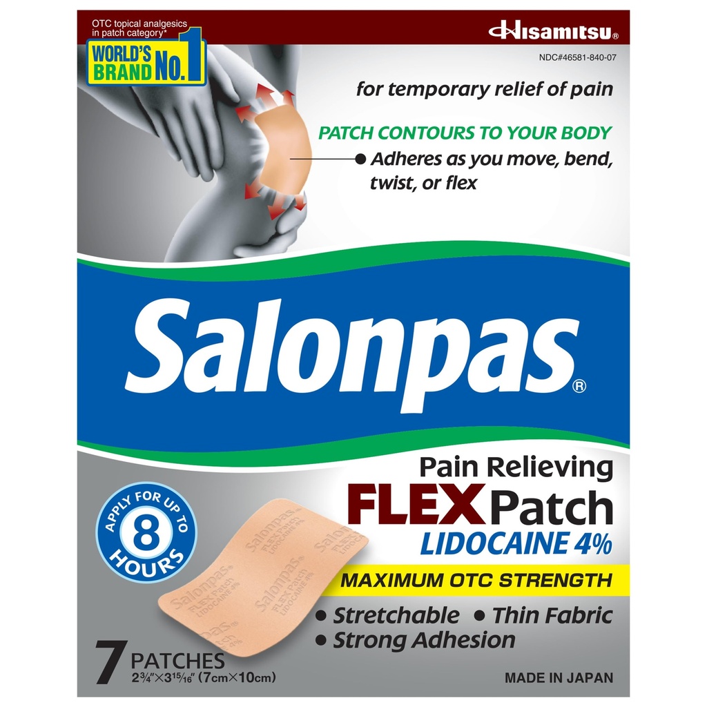 Salonpas 最大OTC 强度 Lidocaine 4% 疼痛解脱 FLEX 补丁, 应用到 8 小时, 未集中, 瘦, 灵活, 轻量级, 补丁留在原位, 7 补丁