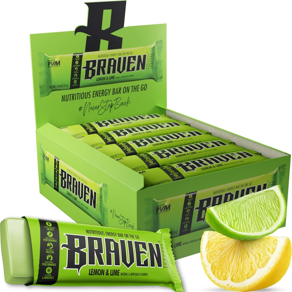 Braven Bar Lemon Lime Energy Bars (1.59 oz, pack of 20) – Energy Chews with 5g 蛋白质 – On-the-Go Energy Snacks for Running, Hiking, and Sports - Gluten Free Snacks for 持久能源靴