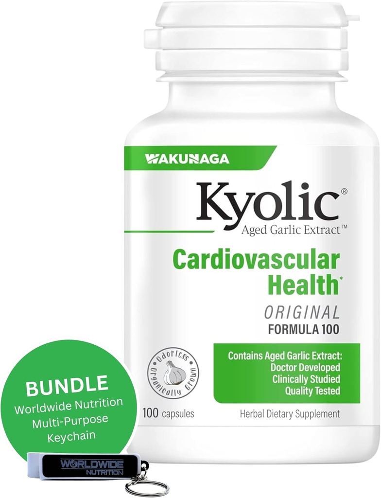 世界营养包: Kyolic Aged Garlic 提取公式100、原心血管、100卡普尔和多用途钥匙链(包装May Vary)