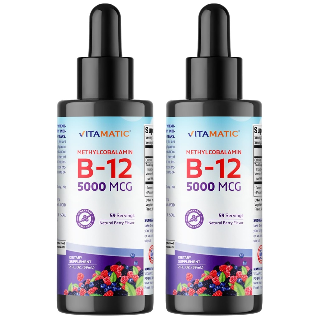 维生素2 Packs 快速代理液体维生素B 12,5000 mcg(Methylcobalamin) - 天然贝里火焰 - 副语言补充 - 更快吸收 - 2 OZ