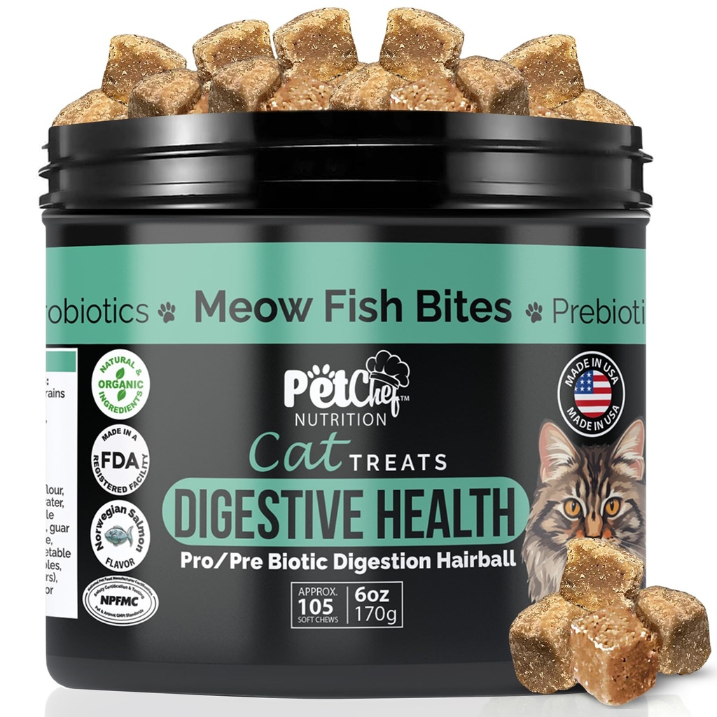 宠物主厨 Meow Bites: Premium Pro & Prebiotic 文摘 猫治疗 - 改进文摘 - 更好的丹色 Fortiflora 猫的亲生药物 - 停止猫呕吐所有年龄
