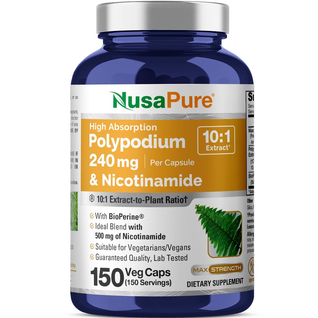 NusaPure Polypodium Nicotinamide 10:1 提取物,240毫克当量到每只Veg Caps2,400毫克 - 150个计数(非GMO,无豆类,生物丙烯)