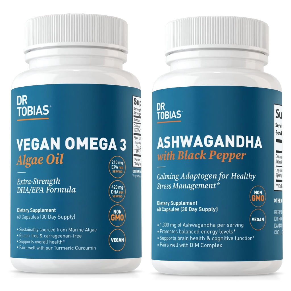 Tobias Vegan Omega博士 3 Algae Oil和Ashwagandha Capsules,支持复原能力、免疫健康以及整体健康,非GMO,Vegan
