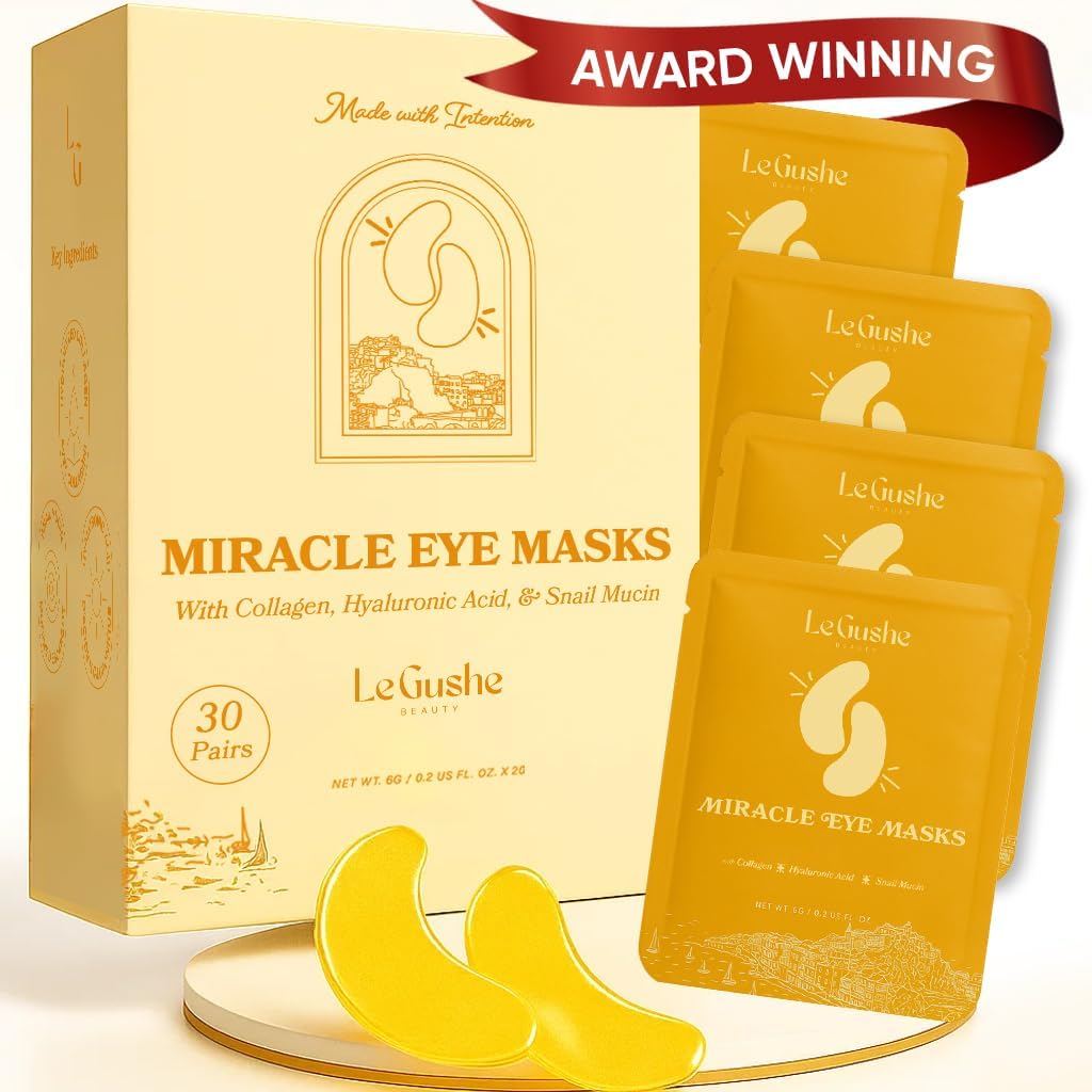 LE GUSHE Gold Under Eye Patches for Puffy Eyes and Dark Circles (30 Pairs) - 将眼罩下的柯拉根与蜗牛穆辛水合水合 - 给女性和男性的松鼠眼治疗 - 新娘礼物