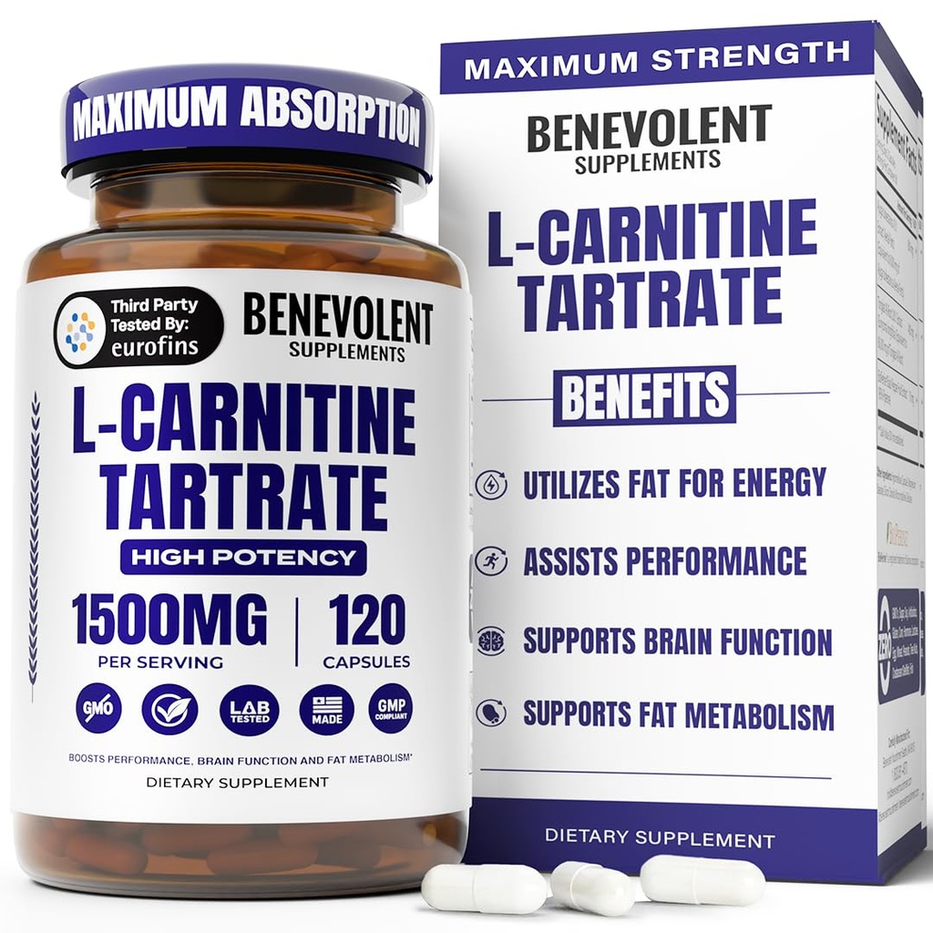 益智L Carnitine 补充剂 - 高概率 1500mg L-Carnitine Tarrate - 快速吸附,将脂肪转化为能量,支持精液,助修性能和代谢 - 120 Vegan Capsules