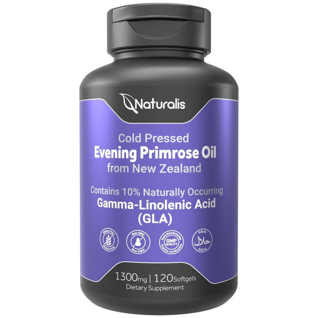 Naturalis Evening Primrose Oil (1300mg) 100%来自新西兰 | Non-GMO, Soy & Gluten Free, Zero filler | 120 软胶