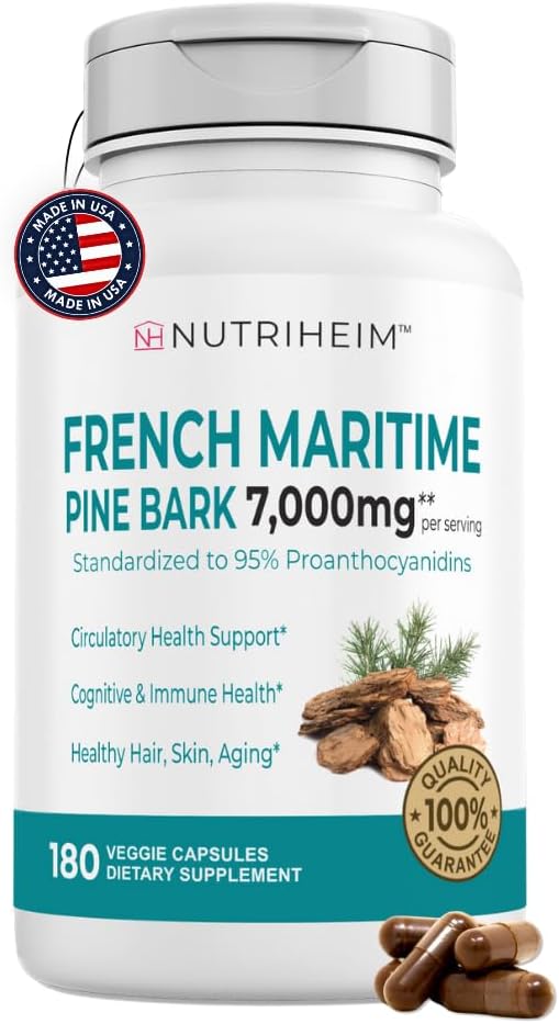法国海洋松树 Bark 提取物 7000 mg, 95% 环流, 心脏健康, 皮肤, 认知支持 - 20:1 比例 & 180 Veggie Capsules - 非 GMO, Gluten-Free, Vegan-Friendly