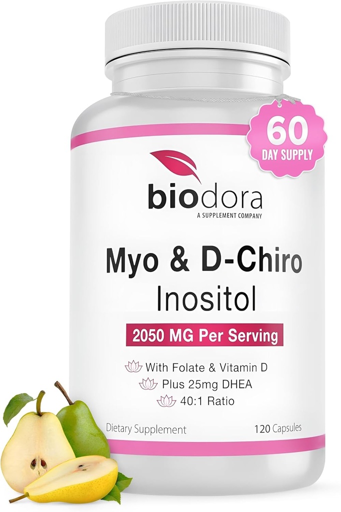 Myo & D-Chiro Inositol 补编,含Folate和维生素D,40比1比例,包括DHEA,Hormone平衡中的帮助,Ovarian函数,每服务2050mg,120卡普勒