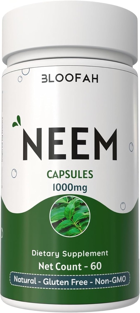 Neem Leaf Capsules 1000mg 粉末 | Azadirachta Indica 草药补充 | Non-GMO, Gluten-Free, no 人工添加 | Pure Neem 粉末(60个数(一包))